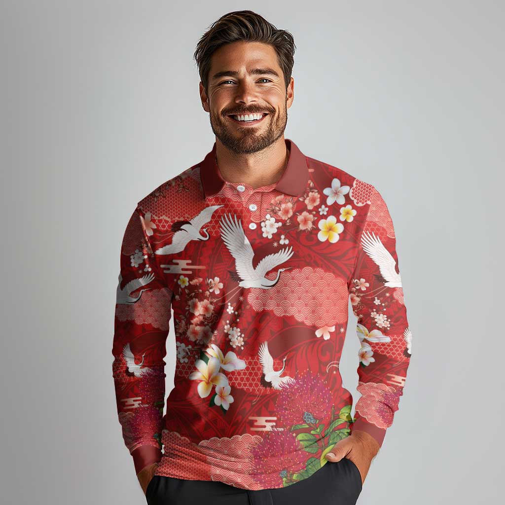 Hawaiian and Japanese Culture Together Long Sleeve Polo Shirt Red Ohia Lehua Plumeria and Sakura Blooming LT03 - Polynesian Pride