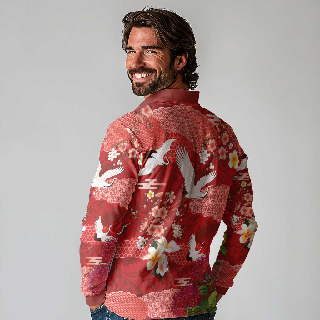 Hawaiian and Japanese Culture Together Long Sleeve Polo Shirt Red Ohia Lehua Plumeria and Sakura Blooming LT03 - Polynesian Pride
