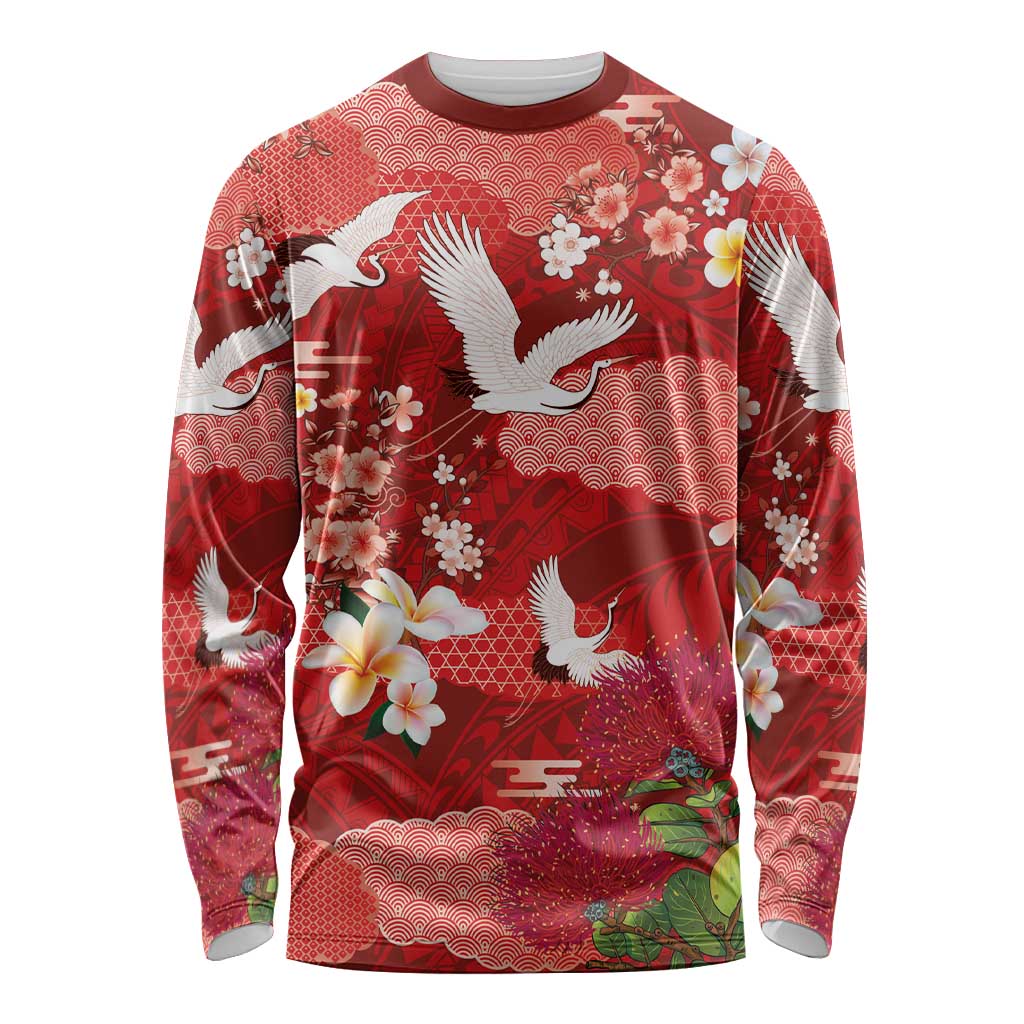 Hawaiian and Japanese Culture Together Long Sleeve Shirt Red Ohia Lehua Plumeria and Sakura Blooming LT03 Unisex Red - Polynesian Pride