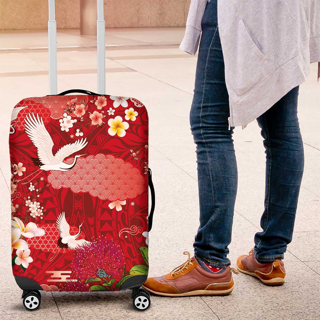 Hawaiian and Japanese Culture Together Luggage Cover Red Ohia Lehua Plumeria and Sakura Blooming LT03 Red - Polynesian Pride