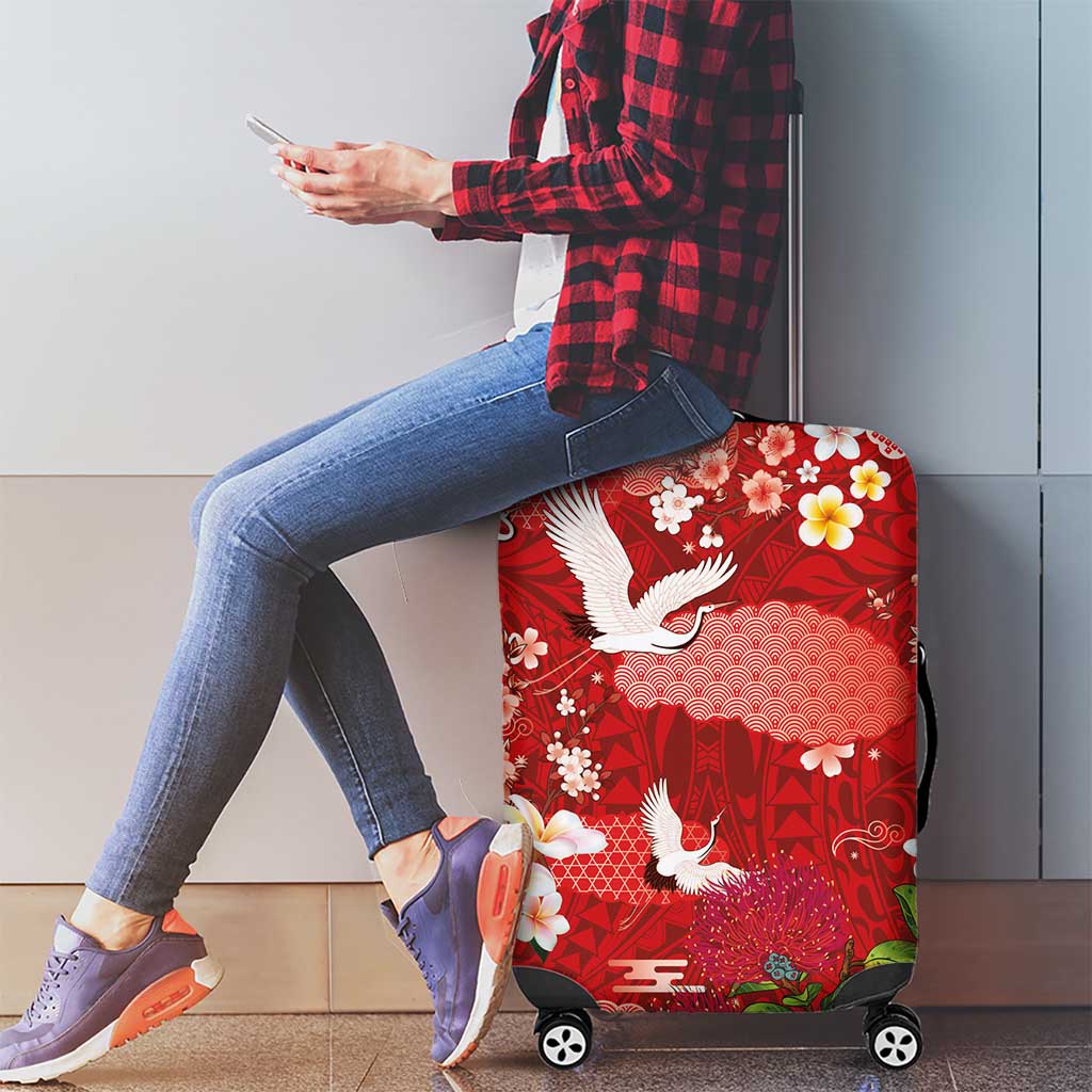 Hawaiian and Japanese Culture Together Luggage Cover Red Ohia Lehua Plumeria and Sakura Blooming LT03 - Polynesian Pride