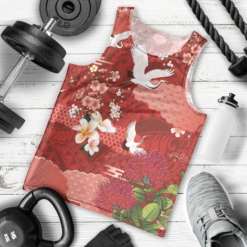 Hawaiian and Japanese Culture Together Men Tank Top Red Ohia Lehua Plumeria and Sakura Blooming LT03 - Polynesian Pride
