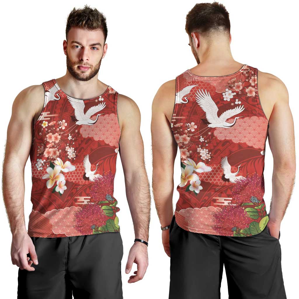 Hawaiian and Japanese Culture Together Men Tank Top Red Ohia Lehua Plumeria and Sakura Blooming LT03 - Polynesian Pride