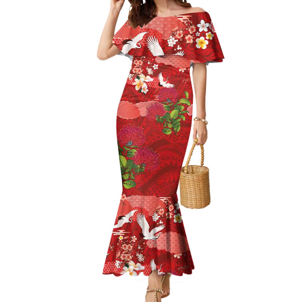 Hawaiian and Japanese Culture Together Mermaid Dress Red Ohia Lehua Plumeria and Sakura Blooming LT03 Women Red - Polynesian Pride
