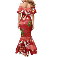 Hawaiian and Japanese Culture Together Mermaid Dress Red Ohia Lehua Plumeria and Sakura Blooming LT03 - Polynesian Pride
