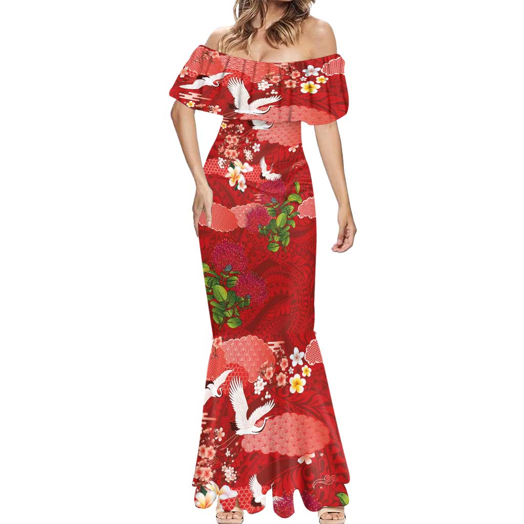 Hawaiian and Japanese Culture Together Mermaid Dress Red Ohia Lehua Plumeria and Sakura Blooming LT03 - Polynesian Pride