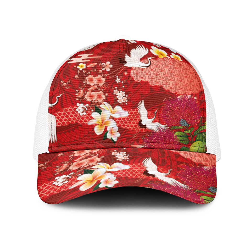 Hawaiian and Japanese Culture Together Mesh Trucker Cap Red Ohia Lehua Plumeria and Sakura Blooming LT03 One Size White Red - Polynesian Pride