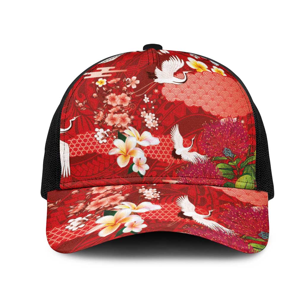 Hawaiian and Japanese Culture Together Mesh Trucker Cap Red Ohia Lehua Plumeria and Sakura Blooming LT03 One Size Black Red - Polynesian Pride