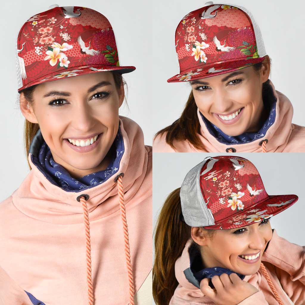 Hawaiian and Japanese Culture Together Mesh Trucker Cap Red Ohia Lehua Plumeria and Sakura Blooming LT03 - Polynesian Pride