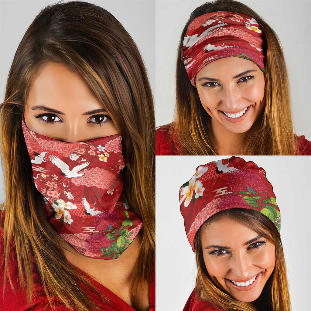 Hawaiian and Japanese Culture Together Neck Gaiter Red Ohia Lehua Plumeria and Sakura Blooming LT03 - Polynesian Pride
