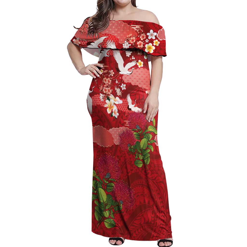 Hawaiian and Japanese Culture Together Off Shoulder Maxi Dress Red Ohia Lehua Plumeria and Sakura Blooming LT03 Women Red - Polynesian Pride