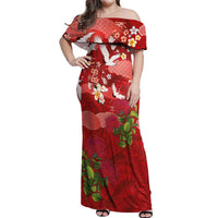 Hawaiian and Japanese Culture Together Off Shoulder Maxi Dress Red Ohia Lehua Plumeria and Sakura Blooming LT03 Women Red - Polynesian Pride