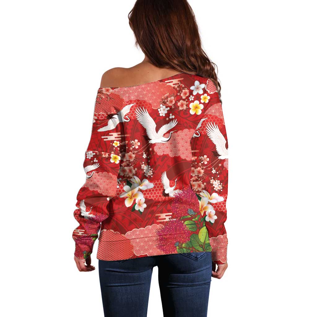 Hawaiian and Japanese Culture Together Off Shoulder Sweater Red Ohia Lehua Plumeria and Sakura Blooming LT03 - Polynesian Pride