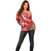 Hawaiian and Japanese Culture Together Off Shoulder Sweater Red Ohia Lehua Plumeria and Sakura Blooming LT03 - Polynesian Pride