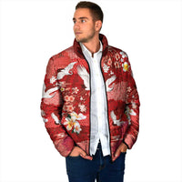Hawaiian and Japanese Culture Together Padded Jacket Red Ohia Lehua Plumeria and Sakura Blooming LT03 - Polynesian Pride