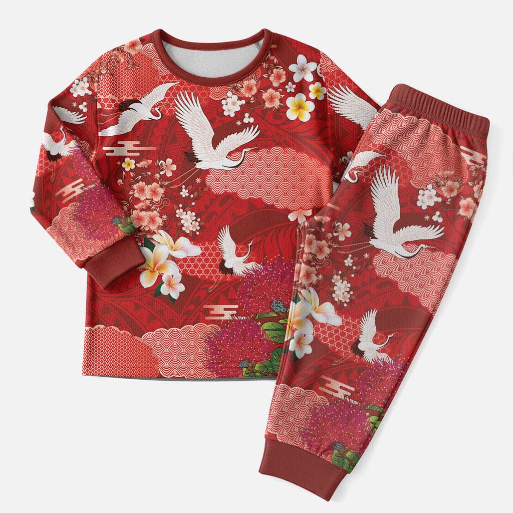 Hawaiian and Japanese Culture Together Christmas Pajama Set Red Ohia Lehua Plumeria and Sakura Blooming LT03 Men Red - Polynesian Pride