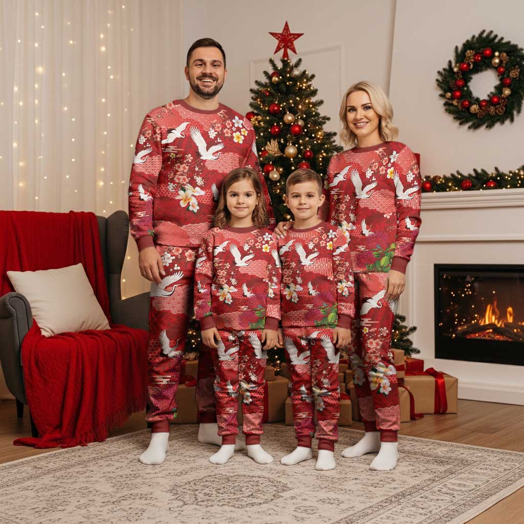 Hawaiian and Japanese Culture Together Christmas Pajama Set Red Ohia Lehua Plumeria and Sakura Blooming LT03 - Polynesian Pride