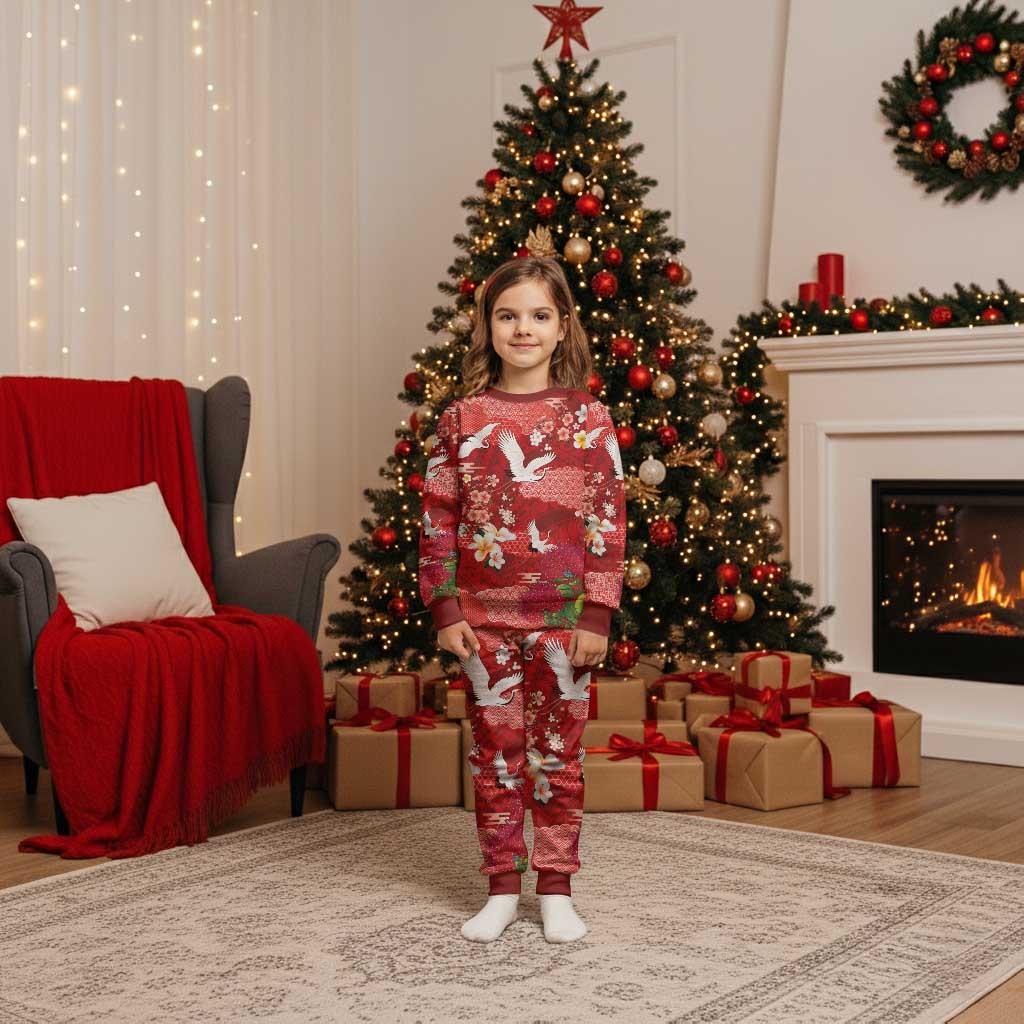 Hawaiian and Japanese Culture Together Christmas Pajama Set Red Ohia Lehua Plumeria and Sakura Blooming LT03 Kid Red - Polynesian Pride