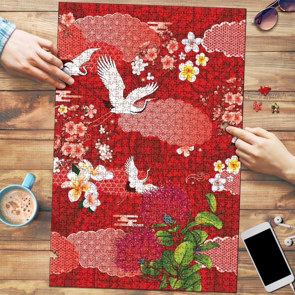 Hawaiian and Japanese Culture Together Puzzle Red Ohia Lehua Plumeria and Sakura Blooming LT03 Red - Polynesian Pride