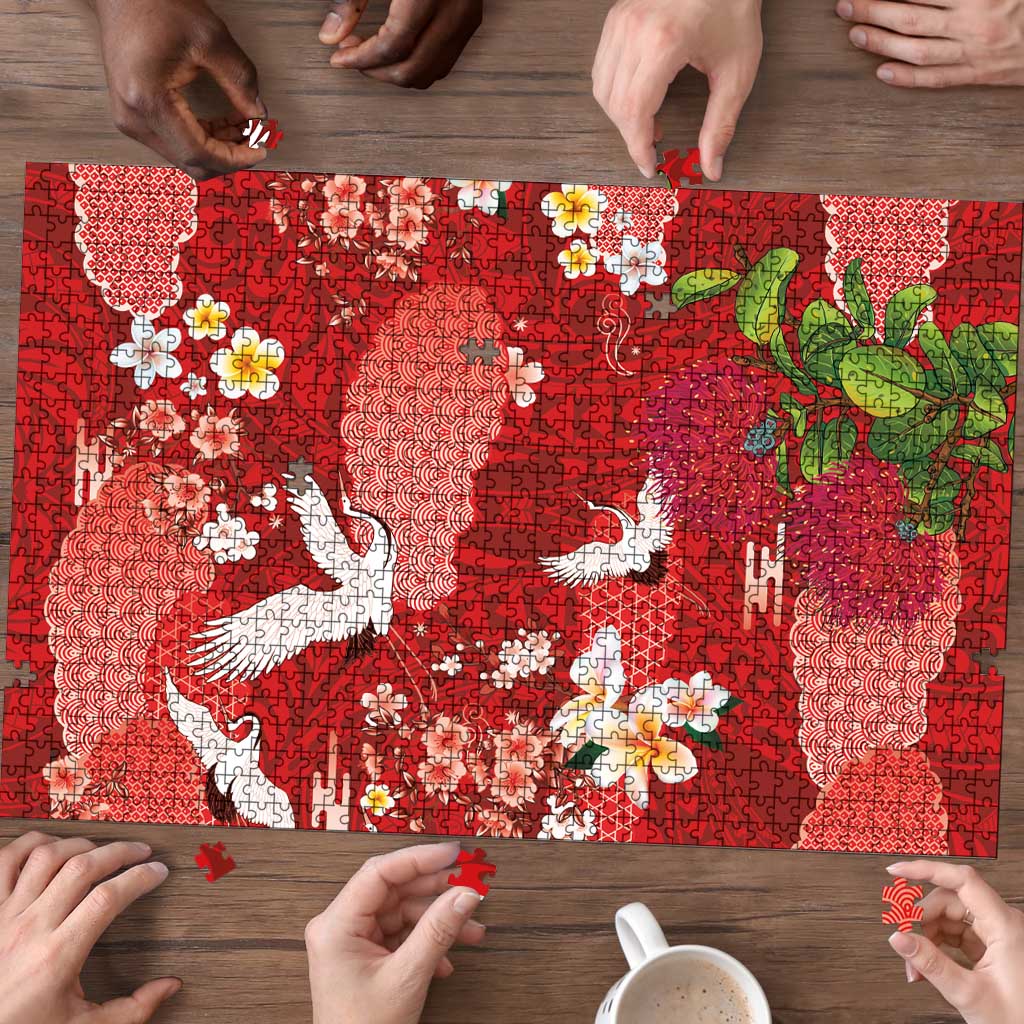 Hawaiian and Japanese Culture Together Puzzle Red Ohia Lehua Plumeria and Sakura Blooming LT03 - Polynesian Pride