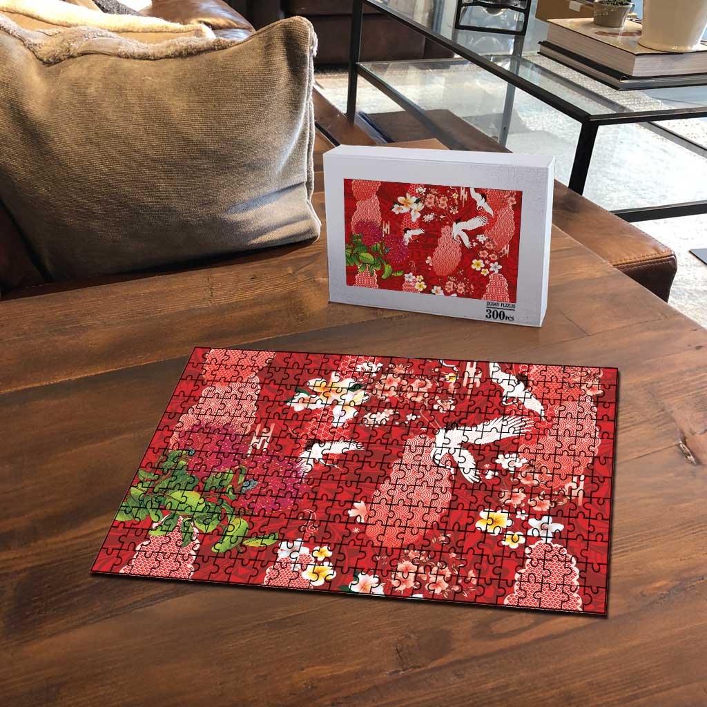 Hawaiian and Japanese Culture Together Puzzle Red Ohia Lehua Plumeria and Sakura Blooming LT03 - Polynesian Pride