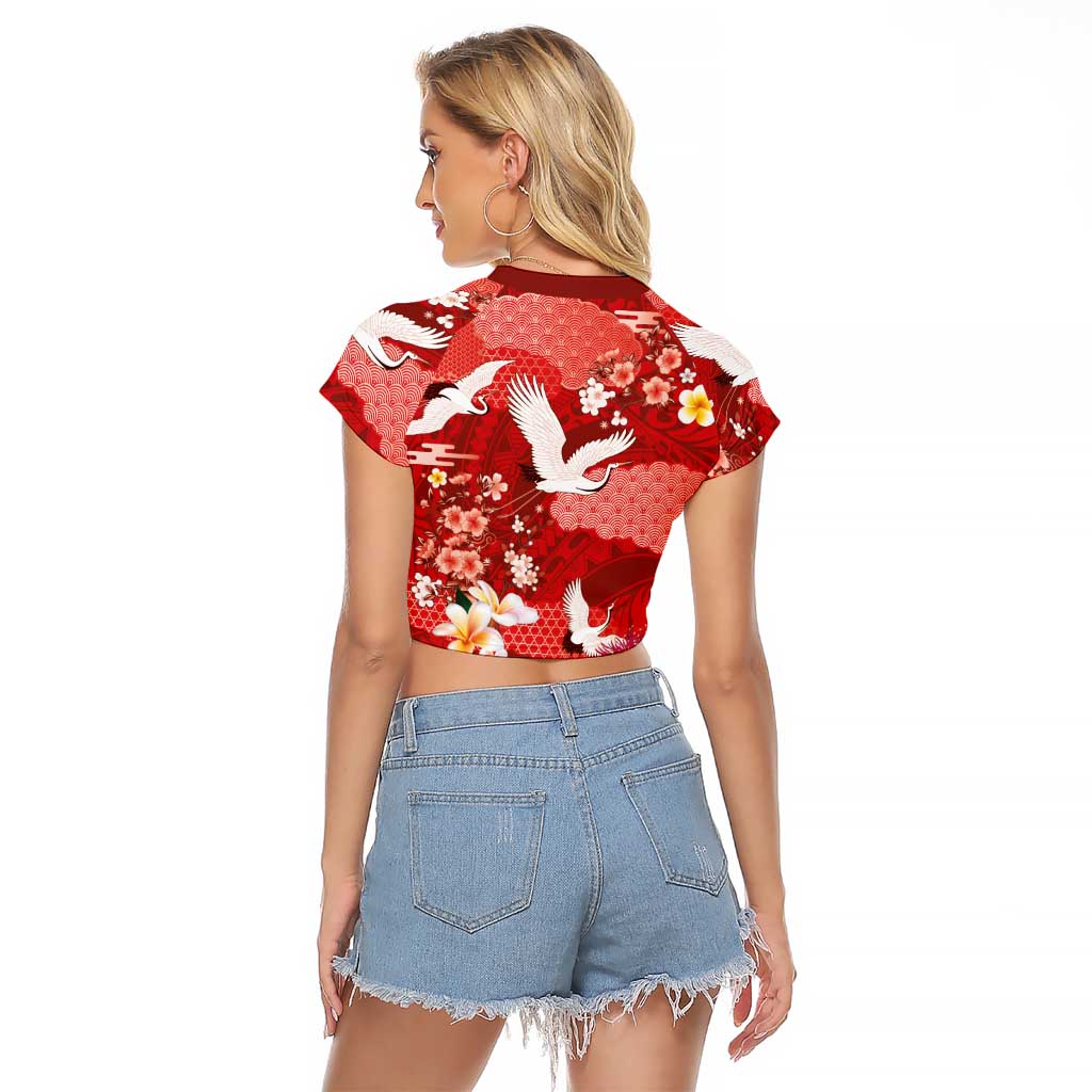 Hawaiian and Japanese Culture Together Raglan Cropped T Shirt Red Ohia Lehua Plumeria and Sakura Blooming LT03 - Polynesian Pride