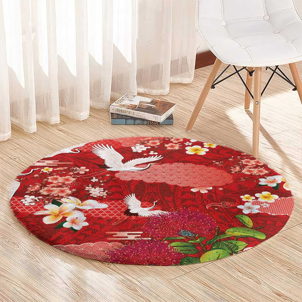 Hawaiian and Japanese Culture Together Round Carpet Red Ohia Lehua Plumeria and Sakura Blooming LT03 - Polynesian Pride