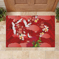 Hawaiian and Japanese Culture Together Rubber Doormat Red Ohia Lehua Plumeria and Sakura Blooming LT03 Red - Polynesian Pride