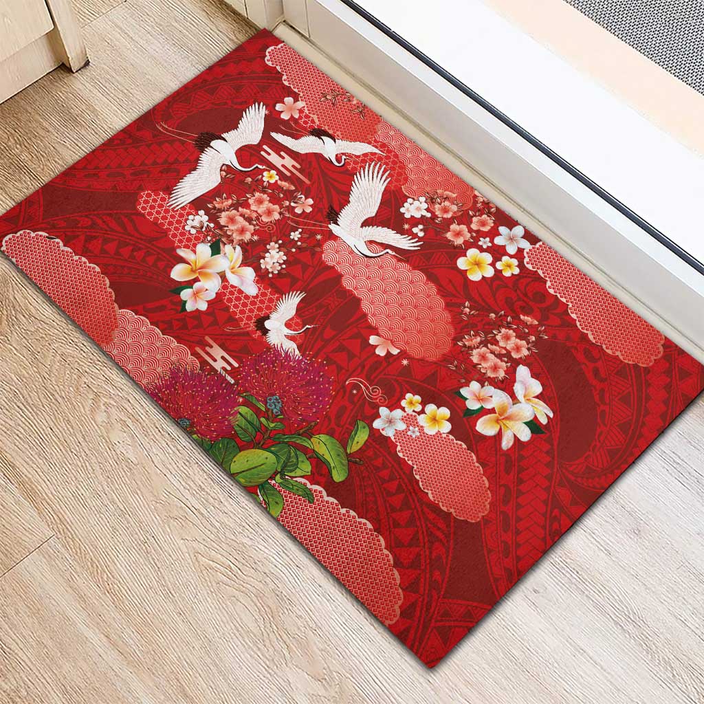 Hawaiian and Japanese Culture Together Rubber Doormat Red Ohia Lehua Plumeria and Sakura Blooming LT03 - Polynesian Pride
