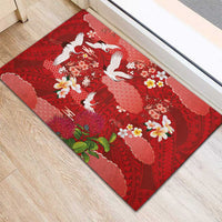 Hawaiian and Japanese Culture Together Rubber Doormat Red Ohia Lehua Plumeria and Sakura Blooming LT03 - Polynesian Pride