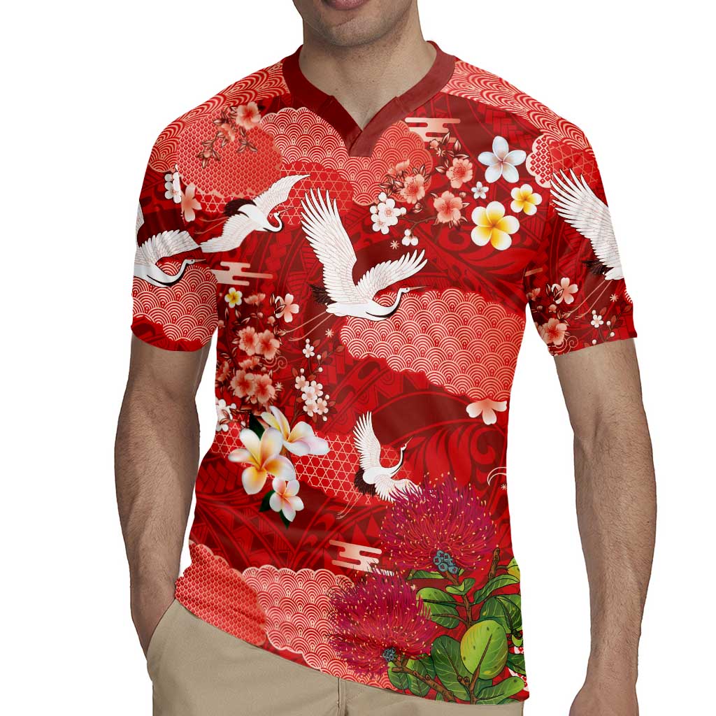 Hawaiian and Japanese Culture Together Rugby Jersey Red Ohia Lehua Plumeria and Sakura Blooming LT03 - Polynesian Pride