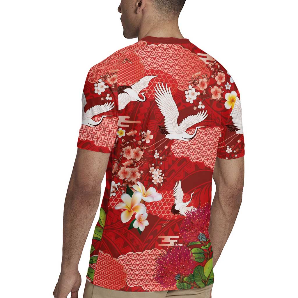 Hawaiian and Japanese Culture Together Rugby Jersey Red Ohia Lehua Plumeria and Sakura Blooming LT03 - Polynesian Pride