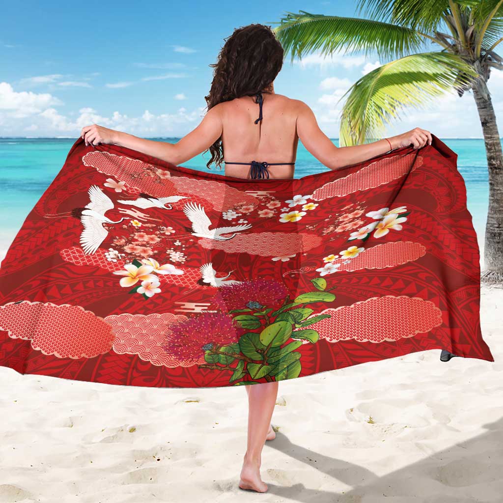 Hawaiian and Japanese Culture Together Sarong Red Ohia Lehua Plumeria and Sakura Blooming LT03 - Polynesian Pride