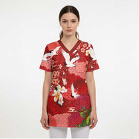 Hawaiian and Japanese Culture Together Scrub Top Red Ohia Lehua Plumeria and Sakura Blooming LT03 - Polynesian Pride