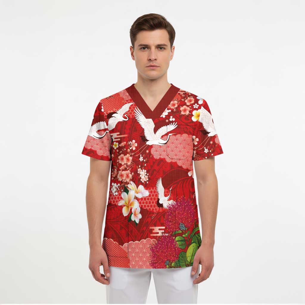 Hawaiian and Japanese Culture Together Scrub Top Red Ohia Lehua Plumeria and Sakura Blooming LT03 - Polynesian Pride