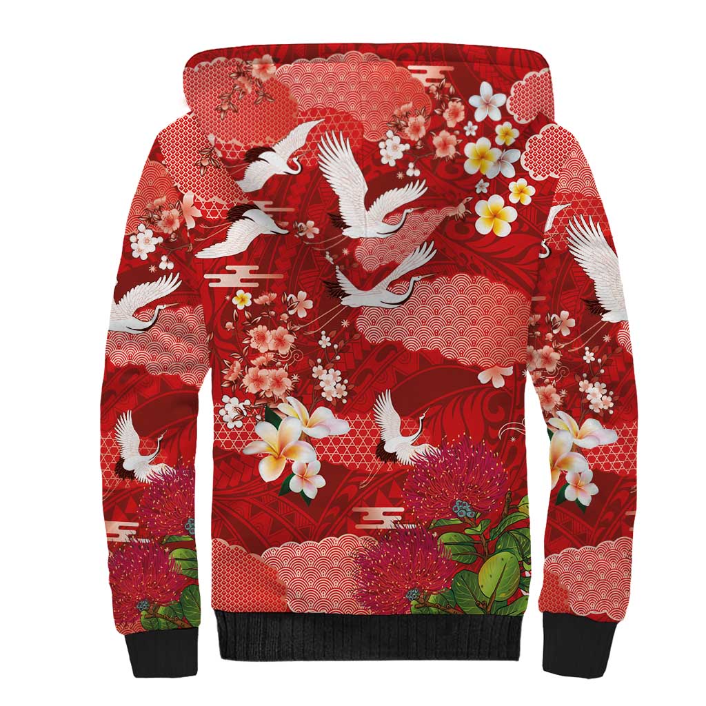 Hawaiian and Japanese Culture Together Sherpa Hoodie Red Ohia Lehua Plumeria and Sakura Blooming LT03 - Polynesian Pride