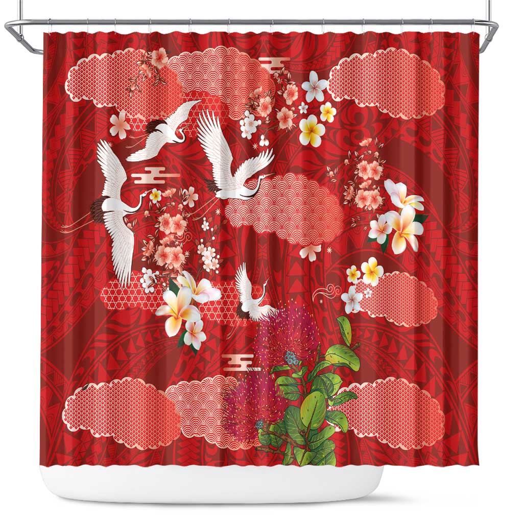 Hawaiian and Japanese Culture Together Shower Curtain Red Ohia Lehua Plumeria and Sakura Blooming LT03 Red - Polynesian Pride
