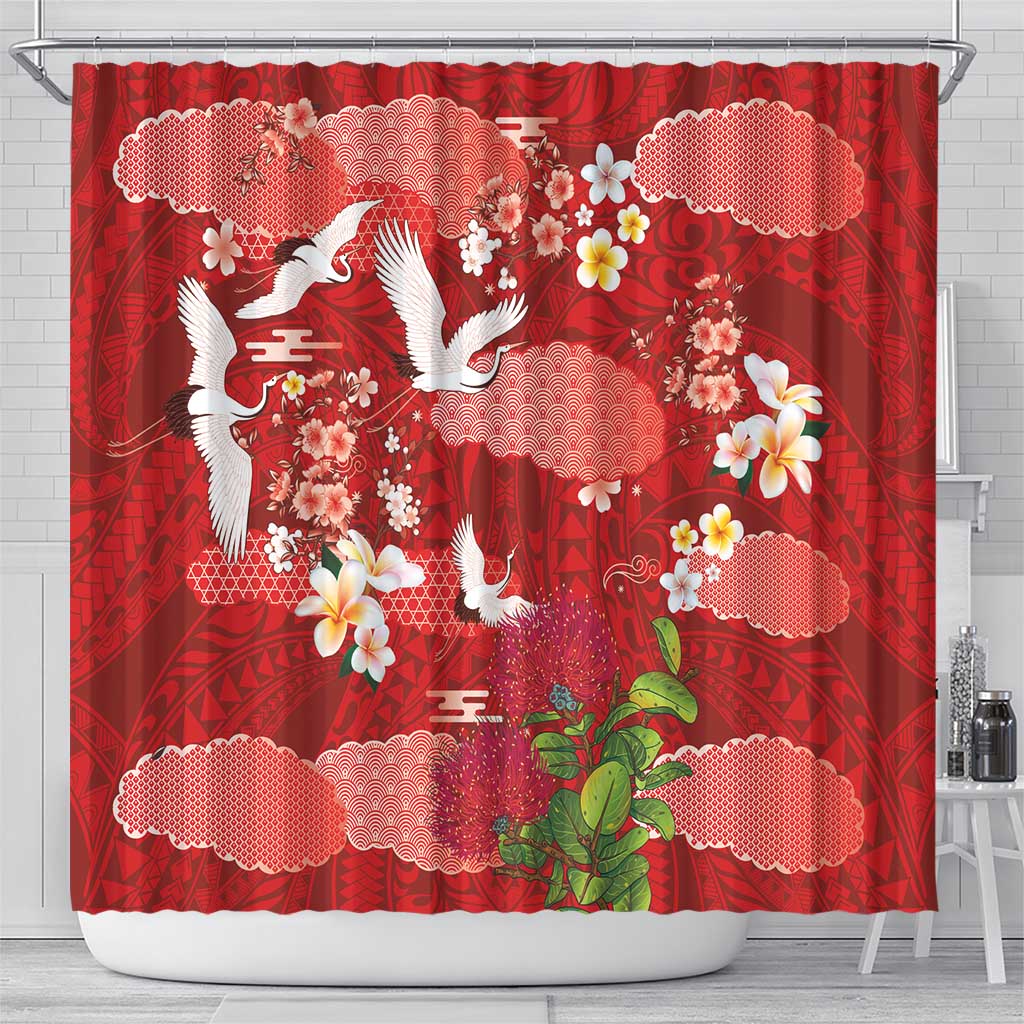 Hawaiian and Japanese Culture Together Shower Curtain Red Ohia Lehua Plumeria and Sakura Blooming LT03 - Polynesian Pride
