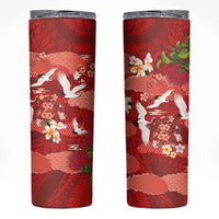 Hawaiian and Japanese Culture Together Skinny Tumbler Red Ohia Lehua Plumeria and Sakura Blooming LT03 Red - Polynesian Pride