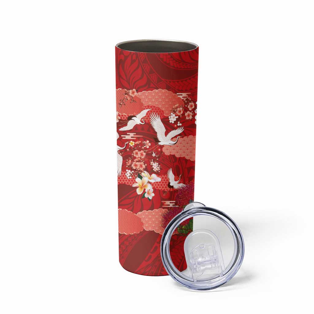 Hawaiian and Japanese Culture Together Skinny Tumbler Red Ohia Lehua Plumeria and Sakura Blooming LT03 - Polynesian Pride