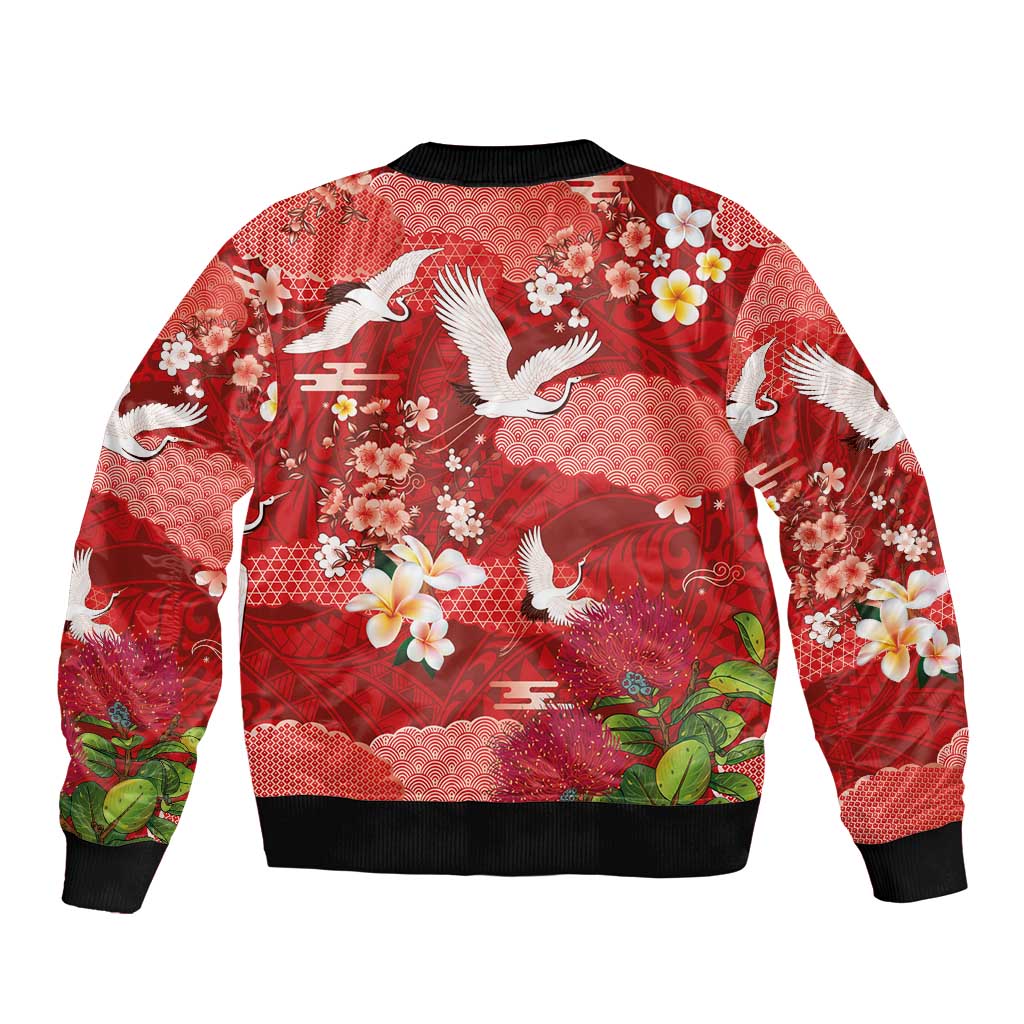 Hawaiian and Japanese Culture Together Sleeve Zip Bomber Jacket Red Ohia Lehua Plumeria and Sakura Blooming LT03 - Polynesian Pride