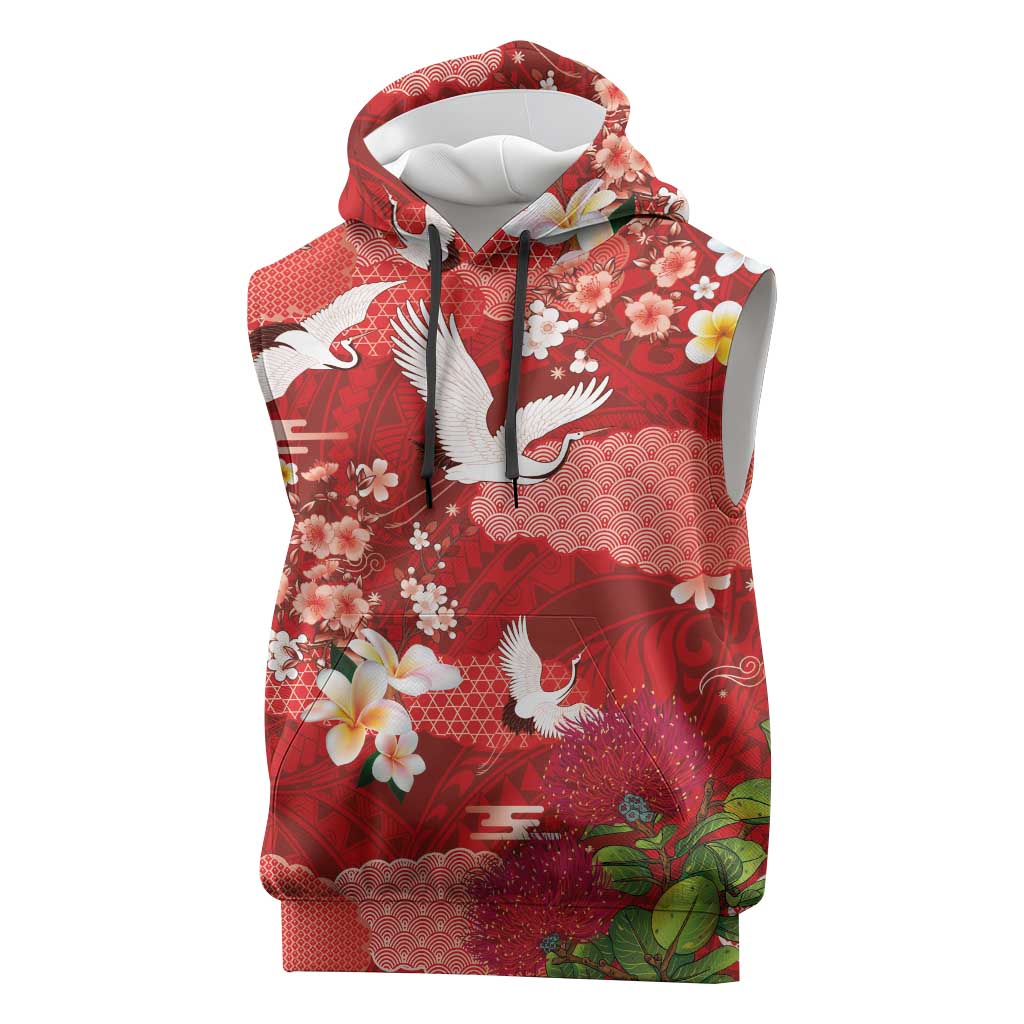 Hawaiian and Japanese Culture Together Sleeveless Hoodie Red Ohia Lehua Plumeria and Sakura Blooming LT03 Red - Polynesian Pride