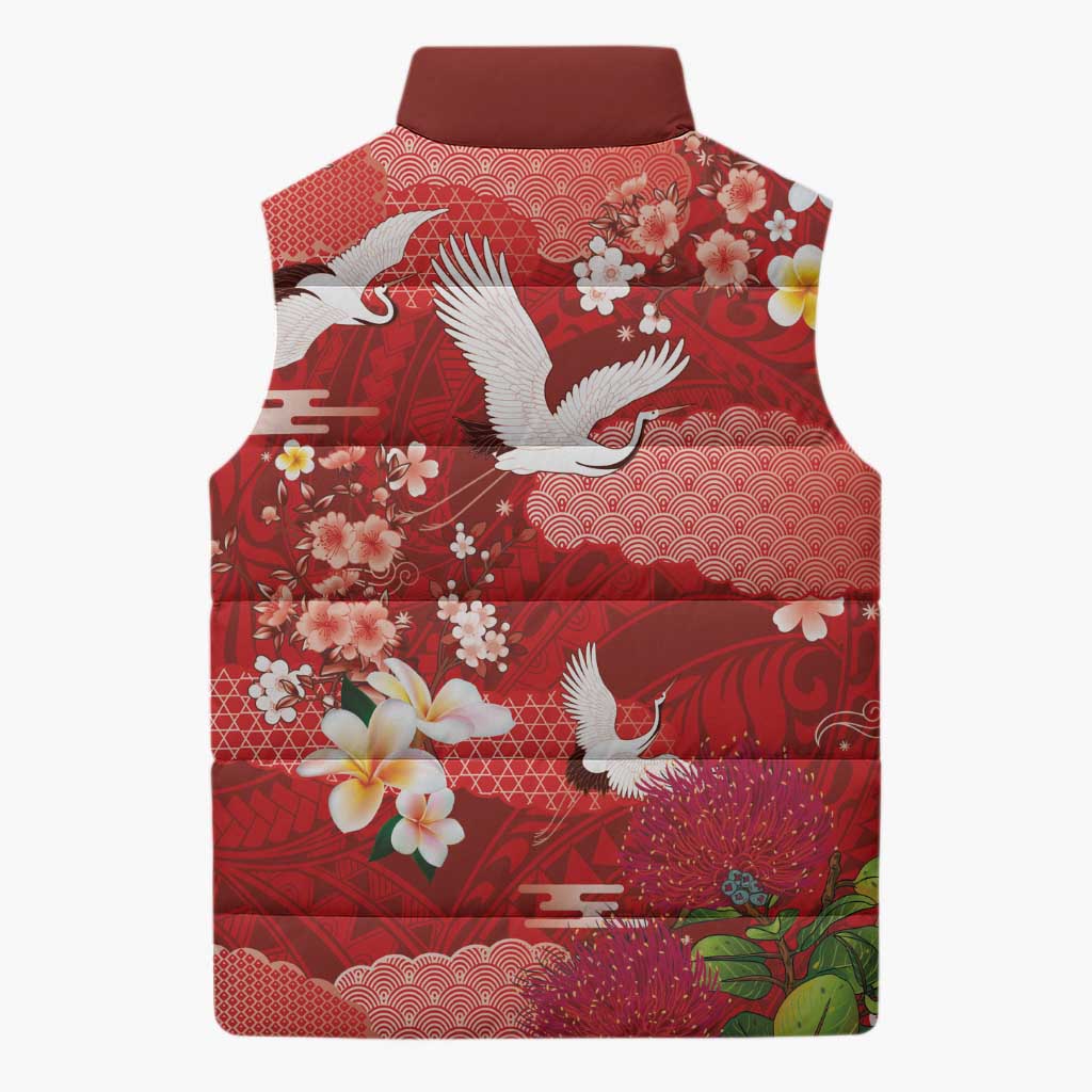 Hawaiian and Japanese Culture Together Sleeveless Puffer Jacket Red Ohia Lehua Plumeria and Sakura Blooming LT03 - Polynesian Pride