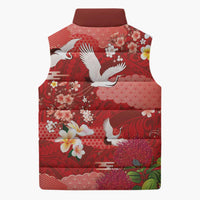 Hawaiian and Japanese Culture Together Sleeveless Puffer Jacket Red Ohia Lehua Plumeria and Sakura Blooming LT03 - Polynesian Pride