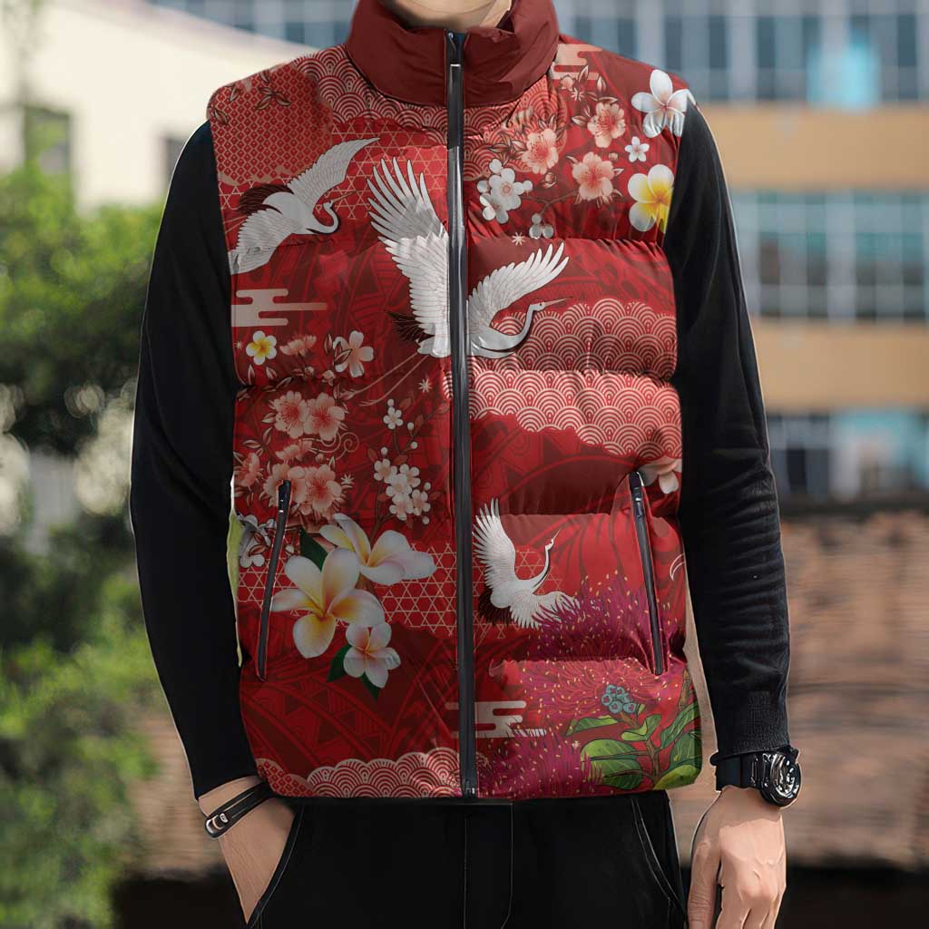 Hawaiian and Japanese Culture Together Sleeveless Puffer Jacket Red Ohia Lehua Plumeria and Sakura Blooming LT03 - Polynesian Pride