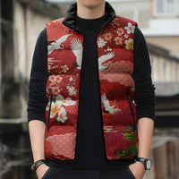 Hawaiian and Japanese Culture Together Sleeveless Puffer Jacket Red Ohia Lehua Plumeria and Sakura Blooming LT03 - Polynesian Pride