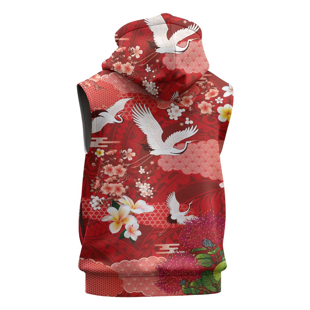 Hawaiian and Japanese Culture Together Sleeveless Zip Hoodie Red Ohia Lehua Plumeria and Sakura Blooming LT03 - Polynesian Pride