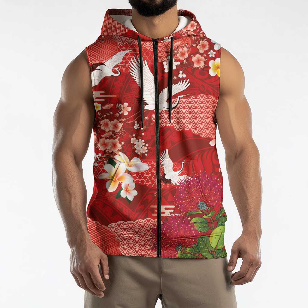 Hawaiian and Japanese Culture Together Sleeveless Zip Hoodie Red Ohia Lehua Plumeria and Sakura Blooming LT03 - Polynesian Pride