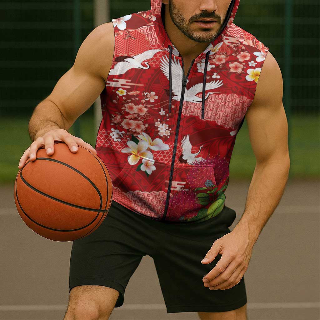 Hawaiian and Japanese Culture Together Sleeveless Zip Hoodie Red Ohia Lehua Plumeria and Sakura Blooming LT03 - Polynesian Pride