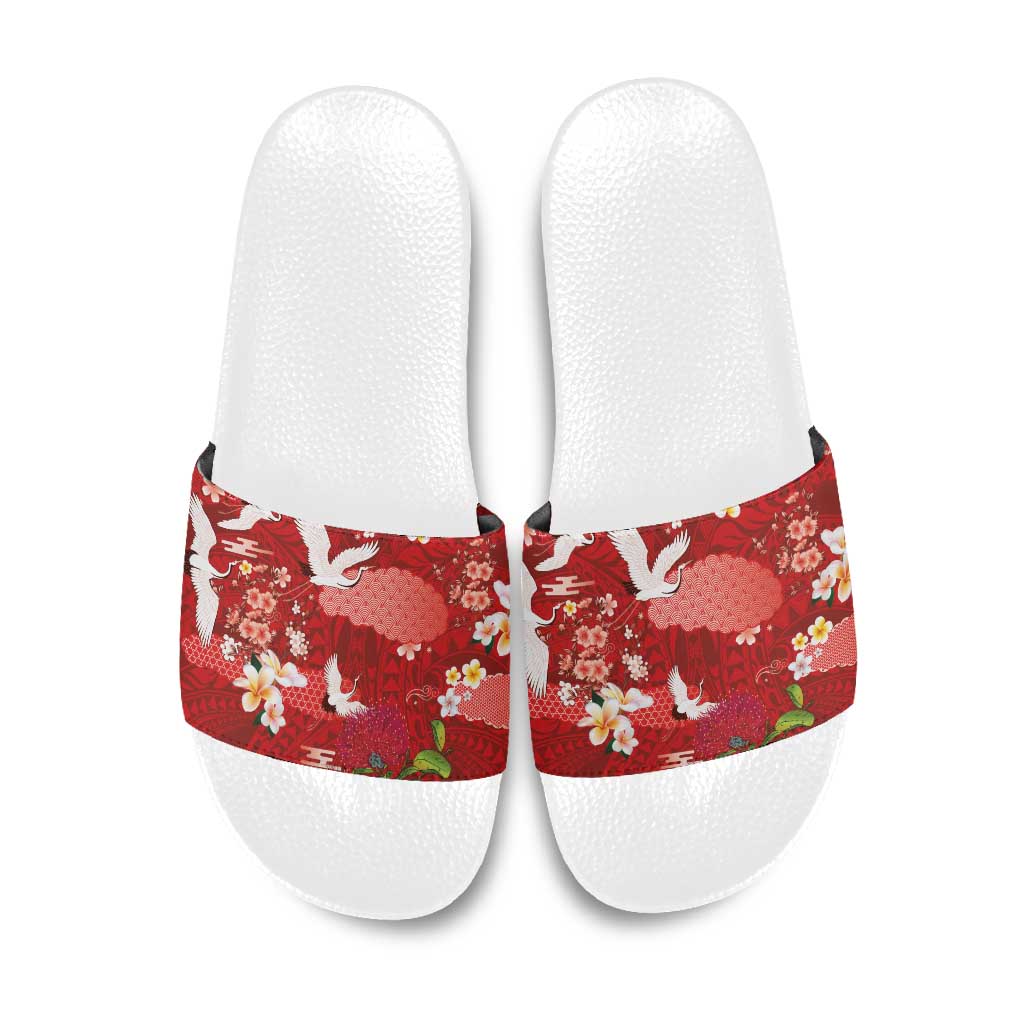 Hawaiian and Japanese Culture Together Slide Sandals Red Ohia Lehua Plumeria and Sakura Blooming LT03 Red - Polynesian Pride